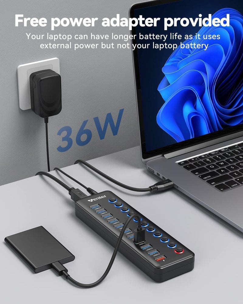 Wenter Powered USB Hub, 11-Port USB Splitter Hub (10 Faster Data Transfer Ports+ 1 Smart Charging Port) with Individual LED On/Off Switches, USB Hub 3.0 Powered with Power Adapter for Mac, PC - Image 5